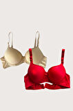 Kırmızı-Ten 2'li Mikro Kumaş İçi Boş Balenli Günlük Desteksiz Sütyen