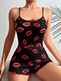Pamuklu Kiss Öpücük Desen Siyah Fitilli Şortlu Pijama Takımı