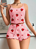 Pamuklu Pembe Üstüne Çilek Desen Fitilli Askılı Şortlu Pijama Takımı