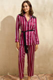 SatenÇizgili Düğmeli Uzun Kol Dantelli Gömlek ve Pantolon Pijama Takım
