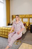 BüyükBeden Şık Tasarım Pembe Siyah Çizgili Düğmeli Kısa Kol Lüx Saten Pijama Takımı