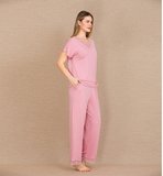 ViskonŞık Tasarım Dantel İşlemeli Pembe Kısa Kol Pijama Takımı