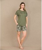 ŞıkTasarım Çiçek Desenli Yeşil Şortlu Kısa Kol Viskon Pijama Takımı