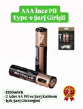 İnce Pil AAA Pil USB Type-C Kablo ile Şarj Edilebilir Lityum 2'li İnce Pil 1.5V AAA / 1200mWh