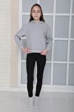 Kız Çocuk Gri Kapüşonlu 3 iplik Şardonlu Polarlı Rahat Kesim Sweatshirt S302GRİ