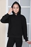 Kız Çocuk Siyah Baskısız Kapüşonlu 3 Iplik Şardonlu Polarlı Rahat Kesim Sweatshirt S302syh