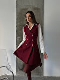 Bordo - Kruvaze Yaka Düğmeli Elbise