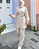 Bej - Kemerli Çizgili Gömlek Takım