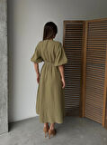 Haki - V Yaka Bağlamalı Müslin Kumaş Beli Lastikli Balon Kol Midi Elbise