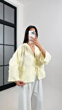 Sarı - Püsküllü Önü Bağlamalı Keten Kimono Ceket