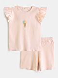 AYSBEBE Kız Çocuk Dondurma Nakışlı Şortlu Kaşkorse Takım Kısa Kollu