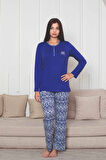 Kadın Etnik Desen 3 Düğmeli Likralı Viskon Mevsimlik Uzun Kol Pijama Takımı