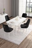 Are Serisi 80x132 Mdf Açılabilir Beyaz Mermer Desen Masa Ve 4 Siyah Sandalye
