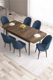 Ves Serisi 80x132 Mdf Açılabilir Barok Ahşap Desen Masa 6 Lacivert Sandalye Mutfak Masası Takımı