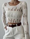 Yırtık Detaylı Crop Triko Krem