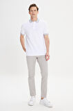 Erkek Beyaz Slim Fit Dar Kesim %100 Pamuk Kıvrılmaz Polo Yaka Tişört