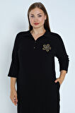 Kadın Siyah Cepli Düğmeli Taş Detaylı Pamuklu Kaşkörse Truvakar Kollu Büyük Beden Likralı Elbise