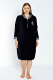 Büyük Beden Lacivert Fermuarlı Taş Detaylı Pamuklu Kadife Truvakar Kollu Cepli Elbise