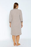 Kadın Çizgi Desenli Truvakar Kollu Taş Detaylı Cepli Polo Yaka Büyük Beden Pamuklu Elbise