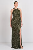 Renk Kadın Halter Yaka Full Payetli Maxi Abiye Elbise 5284 Haki