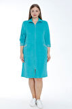 Kadın Turkuaz Truvakar Kollu Taş Detaylı Cepli Pamuklu Havlu Büyük Beden Elbise