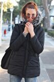 Barbora Kışlık Yaka Kürklü Uzun Kadın Şişme Mont bt122siyah10