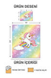 Kapitoneli Pamuk Dolgulu Kadife Kumaş Unicorn Desenli Tek Kişilik Çocuk Genç Yatak Örtüsü Seti