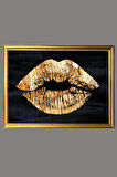 Dekoratif Modern Çerçeveli Gold Dudak Desenli Duvar Tablosu 50x70 CM