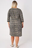 Haki Desenli Truvakar Kollu Cepli Jakarlı V Yaka Kadın Büyük Beden Elbise
