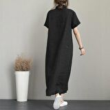 Barbora Keten Günlük Kısa Kol Tam Boy Yazlık Salaş Kadın Elbise LN245syh1