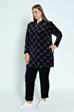 Kadın Büyük Beden Lacivert Yaprak Desenli Fermuarlı Cepli Pamuklu Kadife Alt Üst Takım
