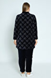 Kadın Büyük Beden Lacivert Yaprak Desenli Fermuarlı Cepli Pamuklu Kadife Alt Üst Takım