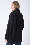 Kadın Antrasit Oversize Uzun Kollu Cepli Yakalı Düğmeli Peluş Hırka Ceket