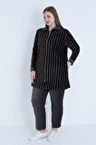 Kadın Büyük Beden Çizgi Desenli Uzun Kollu Fermuarlı Cepli Pamuklu Kadife Alt Üst Takım