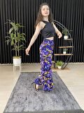 ESPOİRPLUS KADIN MOR ÇİÇEK  DESENLİ BÜZGÜLÜ LİKRALI DOKUMA PANTOLON ETEK