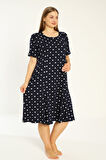 Lacivert Puantiyeli Kısa Kollu Cepli Pamuklu Büyük Beden Elbise