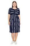 Lacivert Çizgi Desenli Kısa Kollu Düğmeli Cepli Büyük Beden Pamuklu Elbise