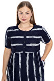 Lacivert Çizgi Desenli Kısa Kollu Düğmeli Cepli Büyük Beden Pamuklu Elbise