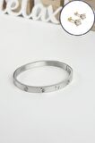 %100 Çelik Taşlı Kelepçe Bileklik (316 Steel) Zirkon Taşlı Küpe Hediyeli B500