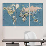 Harita Sepeti Türkçe Dünya Haritası Ayrıntılı Eğitici-öğretici Okyanuslu Dekoratif Kanvas Tablo 2522