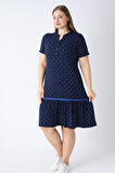 Lacivert Puantiyeli Pamuklu Düğmeli Cepli Biyeli Büyük Beden Elbise