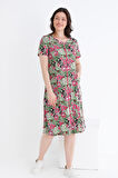 Rahat Kalıp Çiçek Desenli Pamuklu Boydan Fermuarlı Cepli Kadın Bisiklet Yaka Elbise