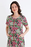 Rahat Kalıp Çiçek Desenli Pamuklu Boydan Fermuarlı Cepli Kadın Bisiklet Yaka Elbise