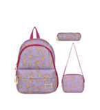 Relaxion Lila Flamingo Figürlü Anaokulu Ilköğretim Sırt Çantası Beslenme Çantası Kalemlik 3'lü set