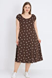 Kahverengi Puantiyeli Askılı Pamuklu Cepli Kadın Büyük Beden Elbise