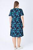 Lacivert Desenli V Yaka Düğme Detaylı Cepli Kısa Kollu Kadın Büyük Beden Pamuklu Elbise