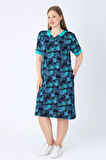 Büyük Beden Lacivert Desenli Pamuklu Cepli Biye Detaylı V Yaka Kısa Kollu Büyük Beden Elbise