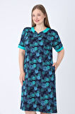 Büyük Beden Lacivert Desenli Pamuklu Cepli Biye Detaylı V Yaka Kısa Kollu Büyük Beden Elbise