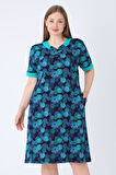 Büyük Beden Lacivert Desenli Pamuklu Cepli Biye Detaylı V Yaka Kısa Kollu Büyük Beden Elbise