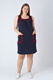 Kadın Büyük Beden Lacivert Puantiyeli Askılı Biyeli Cepli Pamuklu Elbise